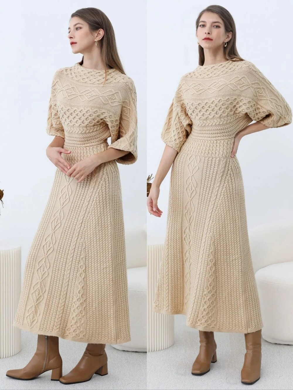 Chicwish Artisanal Charm Boat Neck Cable Knit Maxi Dress Boho Cream Small Med